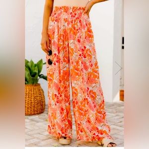 Pink Lily Beautiful Soul Orange Floral Print
Smocked Waist Wide Leg Pants